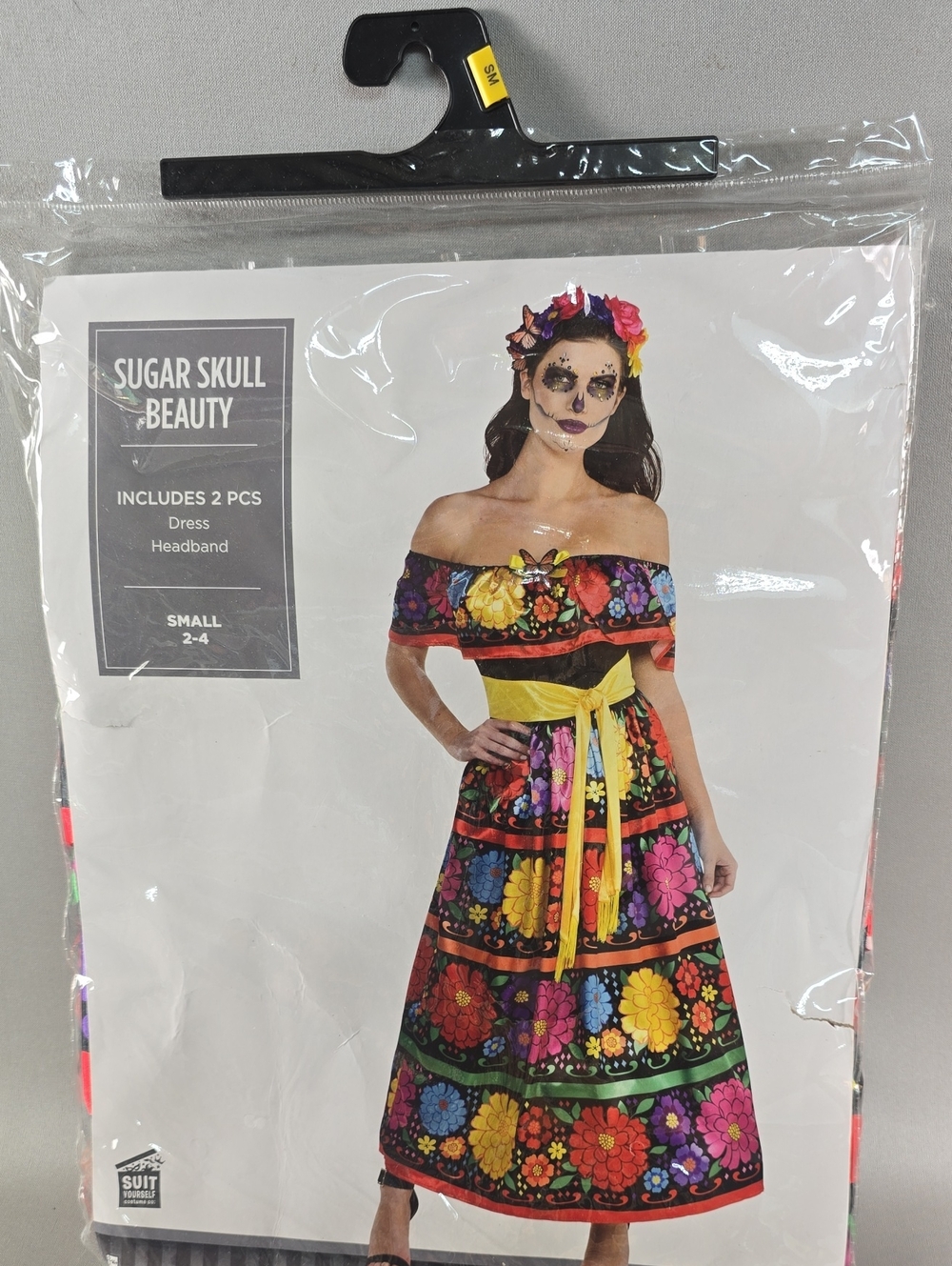 Sugar Skull Beauty Women's Floral Off-Shoulder Dress with Yellow Sash - Small